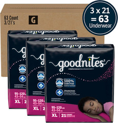 Goodnites Girls‘ Bedwetting Underwear, XL (95-120 lbs), 63 Ct, 3 Packs