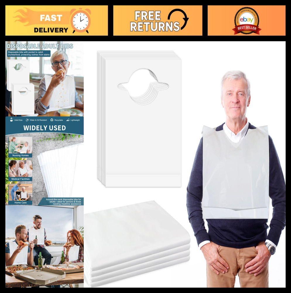 50/200 Pack Disposable Adult Bibs – Waterproof & Oil-Proof 22″ Plastic Bibs for