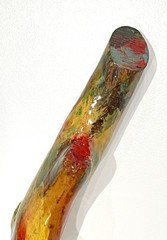 Vibrant Folk Art Walking Stick 37.5” Hand Painted Gnarled Wood Copper Ferrule