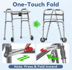 Folding Walker w/ Tray & 5″ Wheels, Adjustable Lightweight Walker, Silver