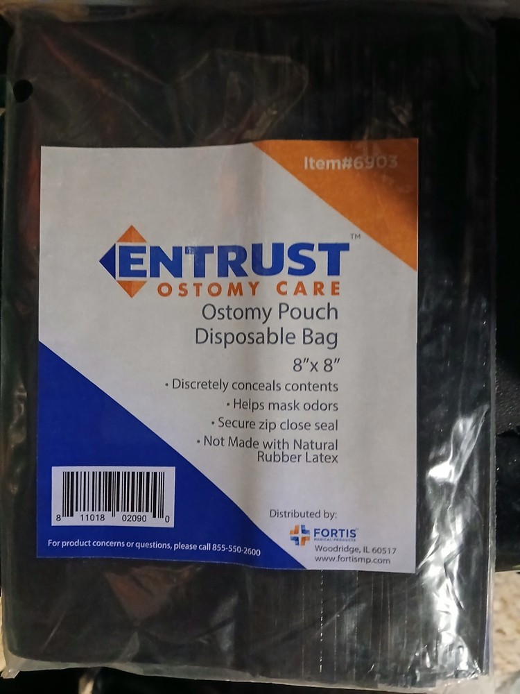 Entrust Ostomy Care. Ostomy Pouch Disposable Bag 8″× 8″ . Does Not Expire 60