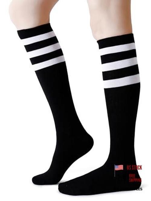 Cotton Knee High Socks Triple Stripes Over the Calf Retro 9-13 A03-black/White
