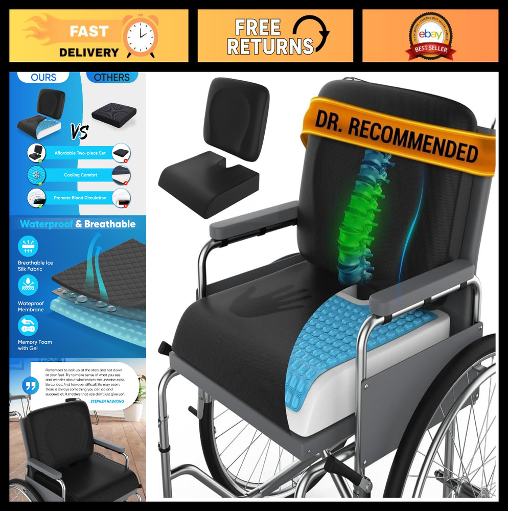 Pressure Relief Wheelchair Cushion Set – 18″x16″ Anti-Slip Gel Seat Cushions wit