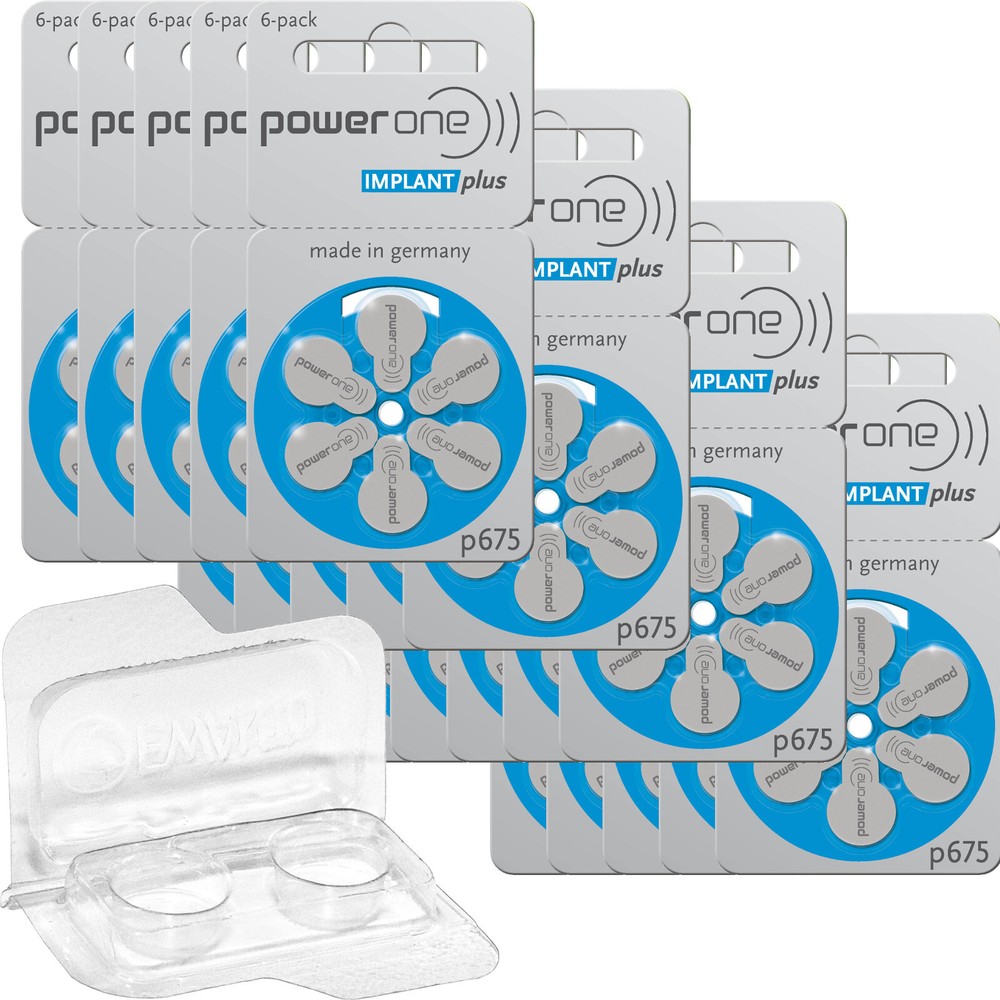 120 x PowerOne Implant Plus hearing aid battery P675 blue (20×6 bl.) + Transp…