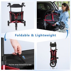 Rollator Rolling Walker with Seat for Senior 3-Wheel Lightweight Foldable Red US