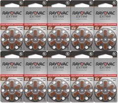 60 x Rayovac Extra 312 Size Hearing aid batteries Zinc air 10 Packs Used By 2028