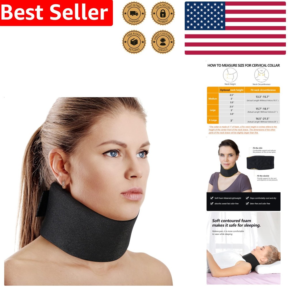 Medium Black Soft Neck Brace Foam Cervical Collar Adjustable Injury Support