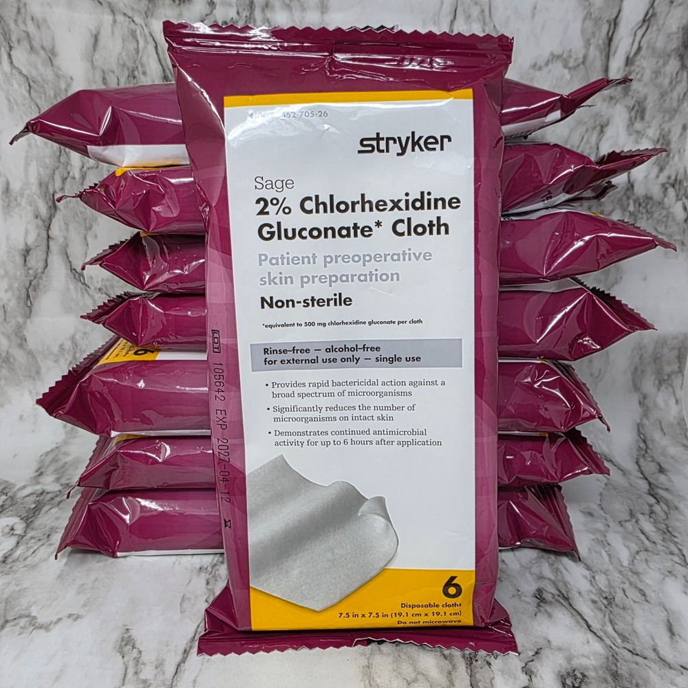 8 Packs of Stryker Sage 2% Chlorhexidine Gluconate Cloth Wipes 6 a Pack Exp 2027