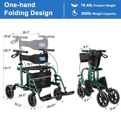 WALKMATE Rollator Walker Transport Chair Adjustable Folding 10” Wheelchair Green