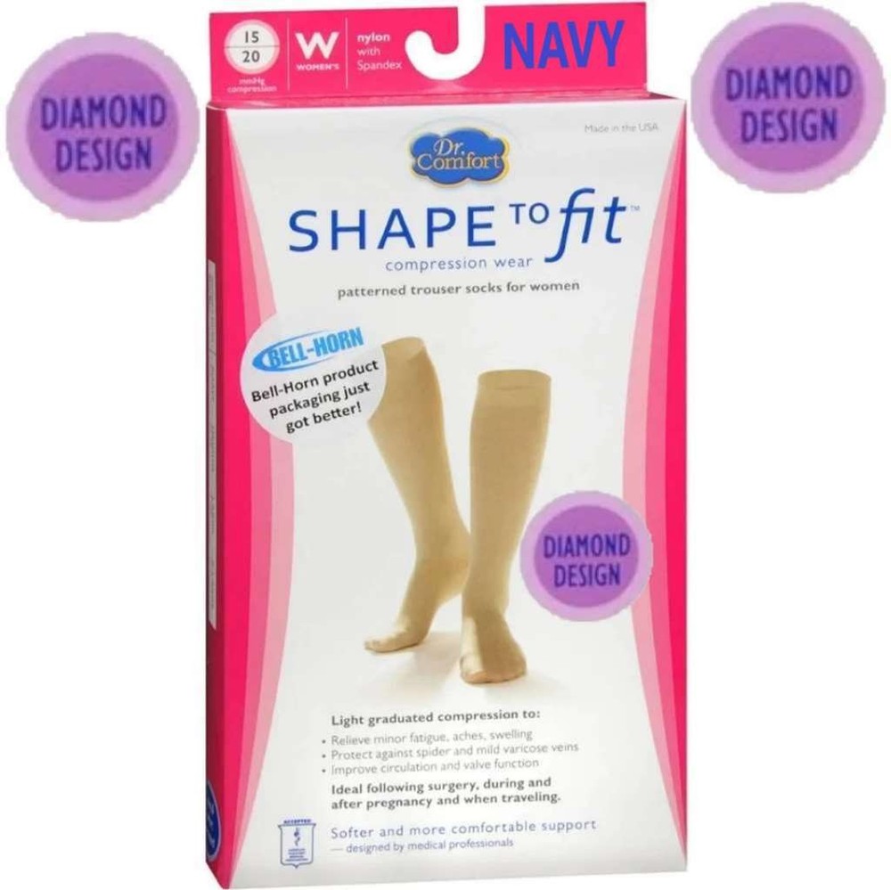 Shape to Fit Patterned Trouser Socks, Diamond Design, 15-20mmHg (Size: S) Navy