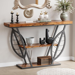 Leaf Design Console Table for Entryway, 3-Tier Storage, 30Mm Thick Rustic Brown