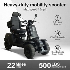 Heavy Duty 4-Wheel Mobility Scooter for Senior&Adult 1000W 15MPH 500LBS Capacity