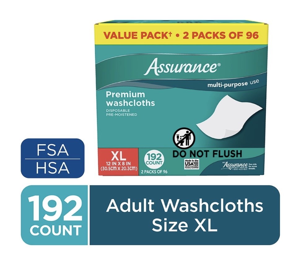 Assurance Disposable & Pre-Moistened Premium XL Washcloths for Adults,192 Count
