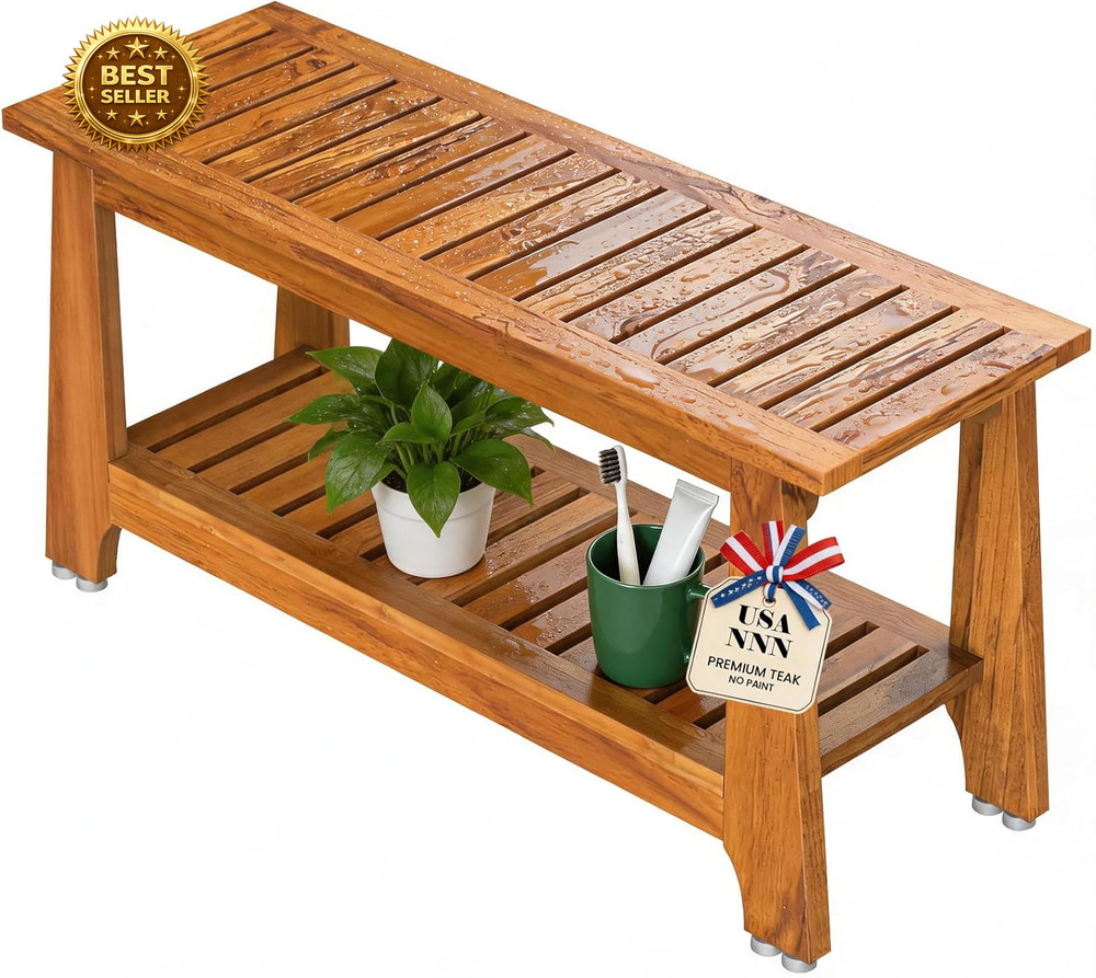 36″ Commercial Teak Shower Bench – 8 Non-Slip Leveling Feet & 350 Lbs Capacity |