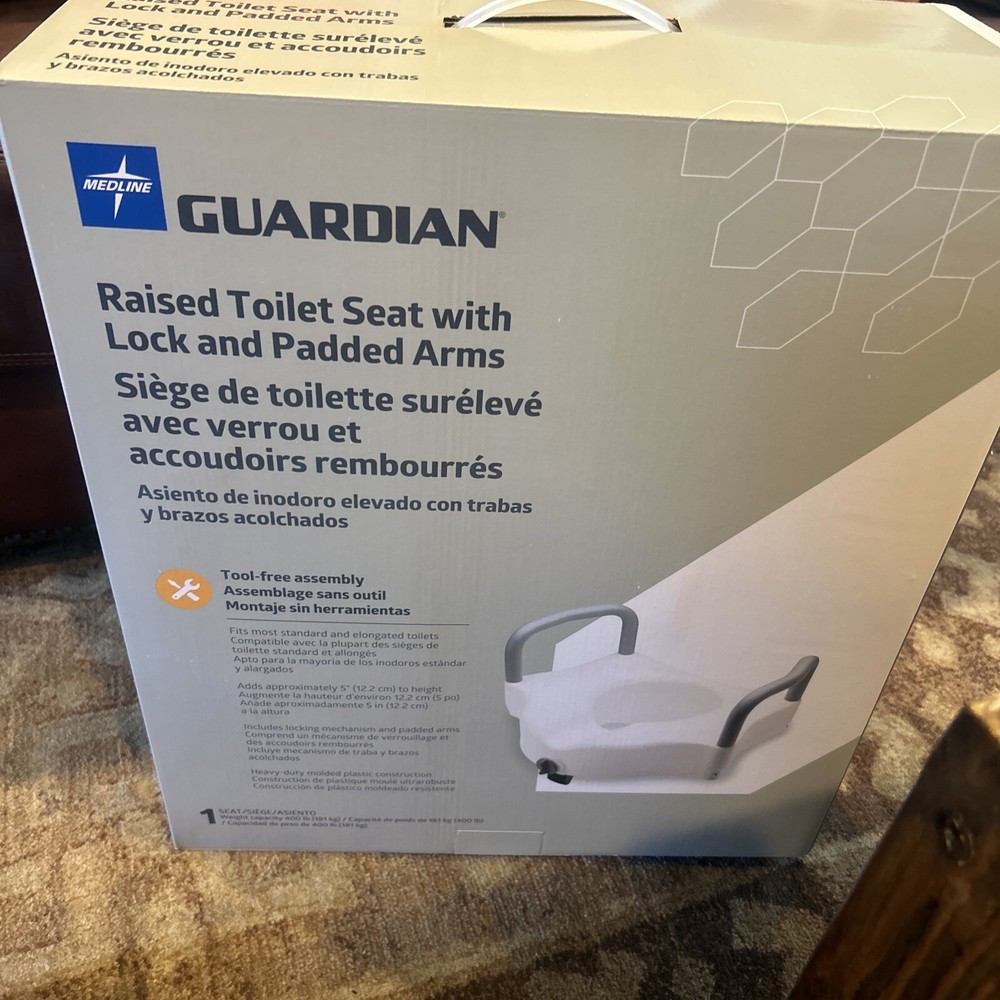 Midline Guardian Raised Toilet Seat W/Lock & Padded Arms 400 Ib Capacity NIB