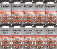 60 Rayovac Extra Advanced Size 13 Hearing Aid Batteries 1.45V Zinc Air Exp 2027