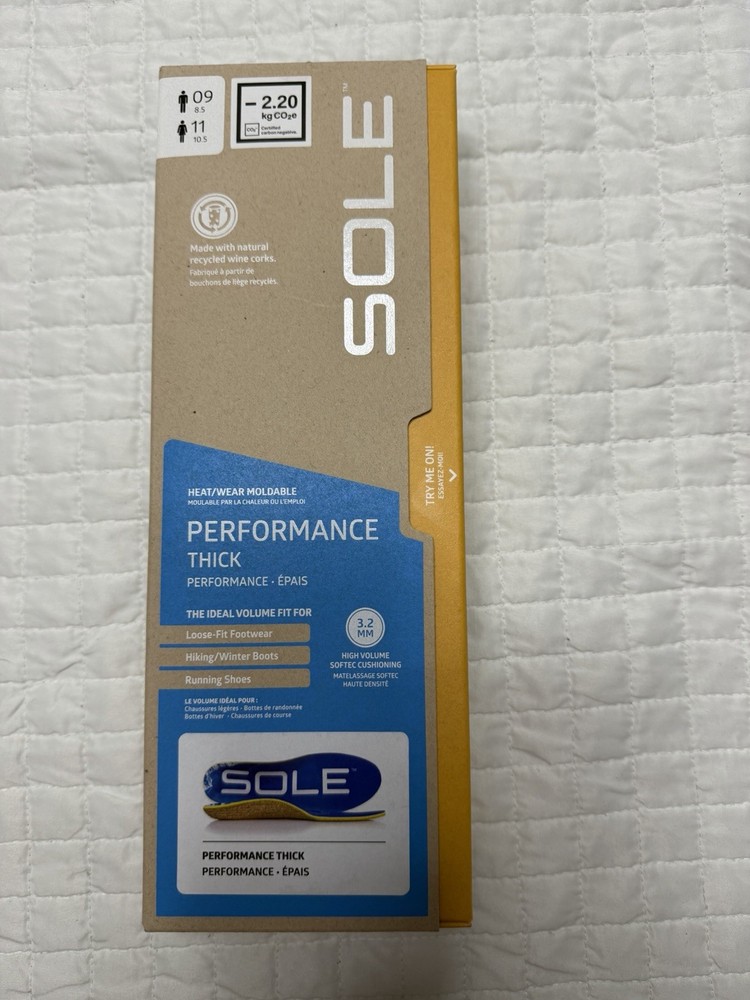 SOLE Performance Thick Insoles Heat Moldable Size 9 Men 11 Women New in Box