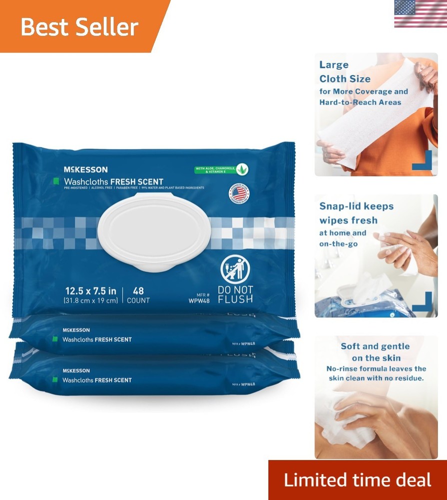 Pre-Moistened Adult Washcloths with Aloe & Chamomile – 48 Count each in 3 Pack