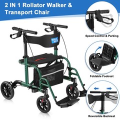 WALKMATE Rollator Walker Transport Chair Adjustable Folding 10” Wheelchair Green