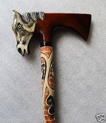 HORSE & HATCHET Handcrafted Hand Awesome Carved Wooden WALKING STICK Cane 36″