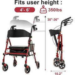 Lightweight Foldable Rollator Walkers with Seat for Seniors, 350 lb Capacity