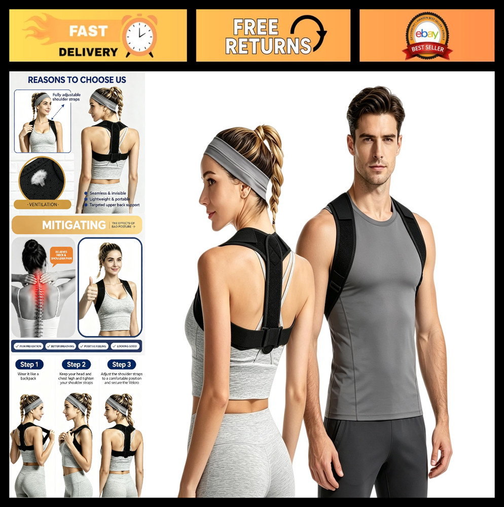 Adjustable Posture Corrector for Men & Women – Breathable Back Support Brace, Pa