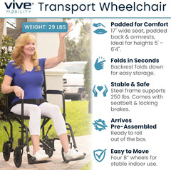 Vive Lightweight Folding Transport Wheelchair – Portable & Pre-Assembled