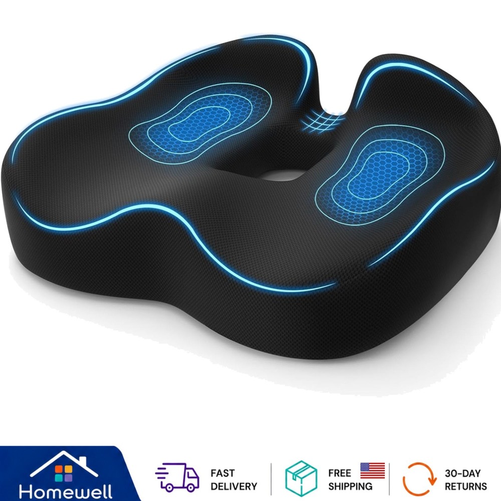 Large Memory Foam Seat Cushion for Tailbone Relief – Non-Slip & Washable Cover