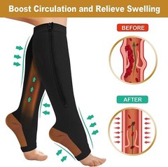 2 PAIRS Zip Up open Toe Compression Zipper Socks Calf Support Stocking Women Men