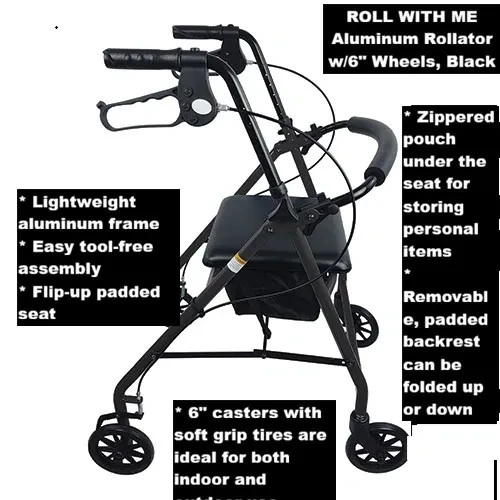 Aluminum Rollator w/6″ Wheels, Black