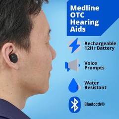 Medline Rechargeable OTC Hearing Aids in-Ear 4 Modes 20hr Battery Life Bluetooth