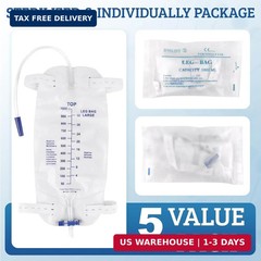 5 Pack 1000ml Sterile Leg Urinary Drainage Bags with 2 Adjustable Elastic Straps