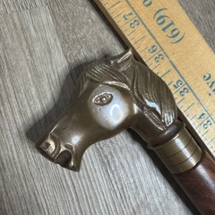 Brass Horse Head Handle Walking Stick Spiral Wood Cane Vintage