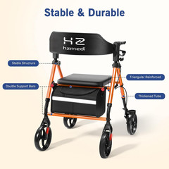 Foldable Rollator Walker for Seniors with Seat, 8″ Wheels, Dual Height Adjust