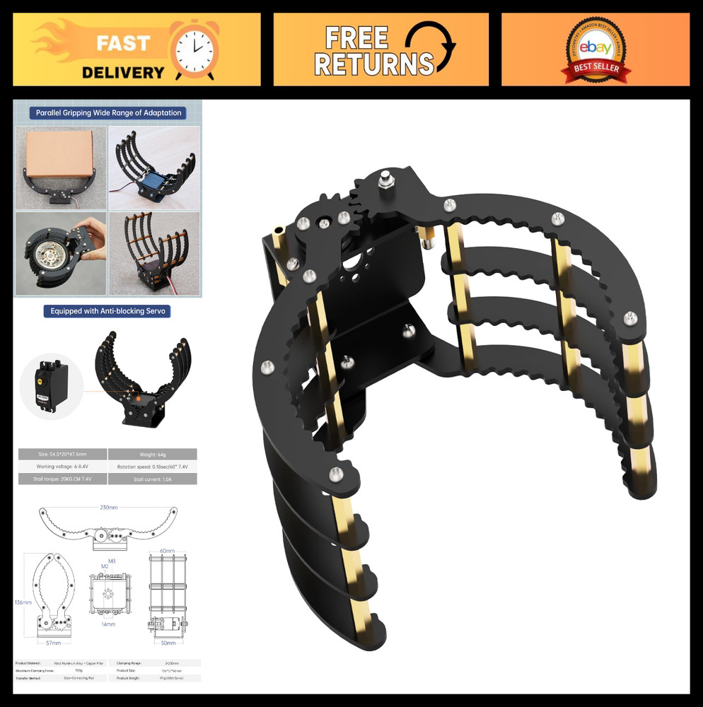 Full Metal Robotic Claw Gripper Arm – 1LB Max Weight, 0-9in Open Range, DIY Robo