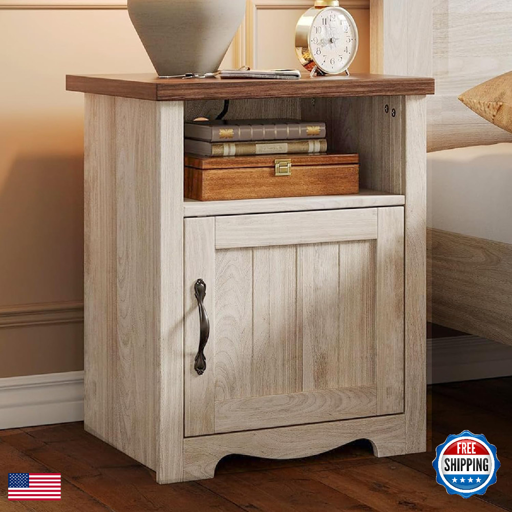 Linsy Farmhouse Night Stand 18.9 Wood End Table Charging Station Side Table For