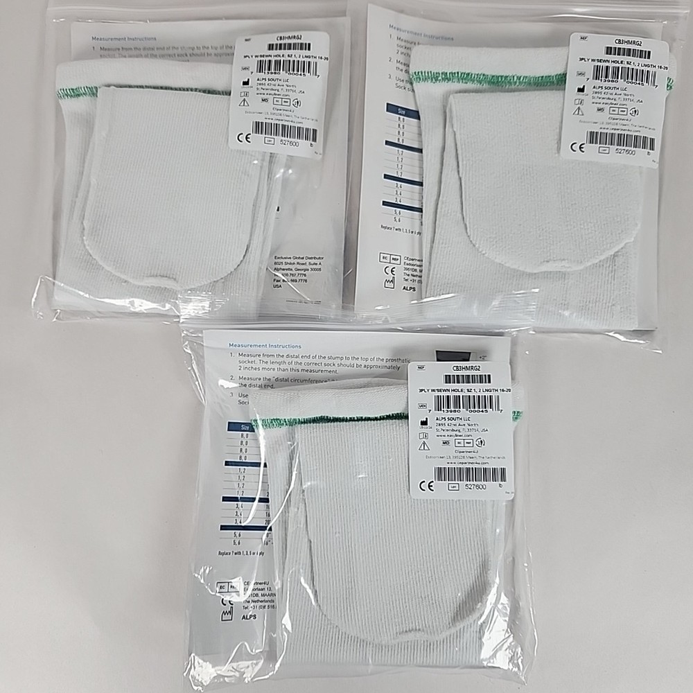 LOT OF 3 Cool Blue Prosthetic Socks CB3HMRG2 3-ply, Sz 1, 2 Length 16-20 NEW
