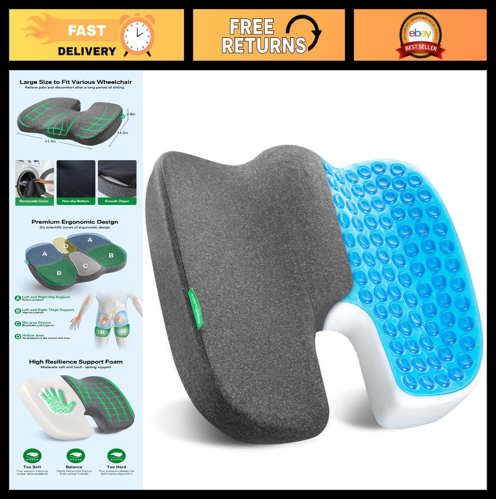 Cooling Gel Wheelchair Seat Cushion for Pain Relief, Ergonomic Tailbone & Sciati
