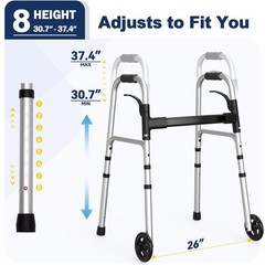 Lightweight Folding Walker for Seniors, 5″ Wheels, Adjustable Height, 350 lbs Su