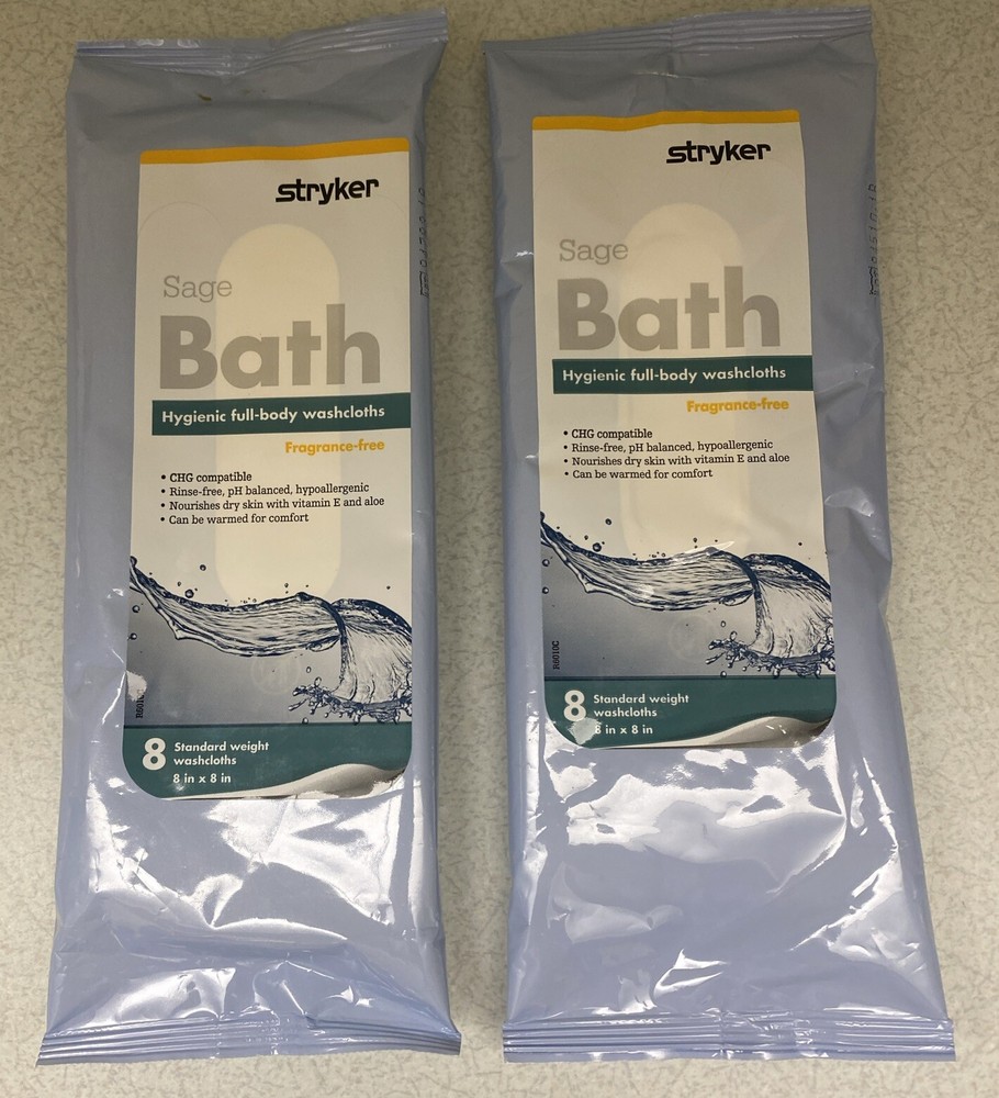 2 Packs of 8 Stryker Sage Bath HYGIENIC FULL-BODY 8″x8″ Standard Washcloths