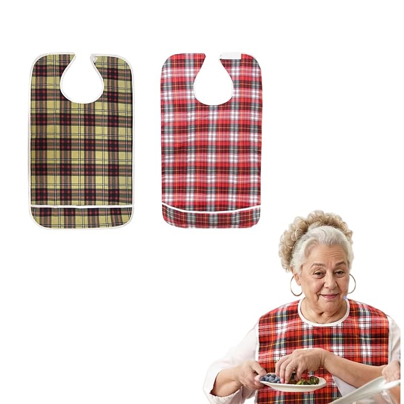 FUNSPIREN 2Pcs Adult Bibs for Elderly, Men, Women,Reusable Red+khaki