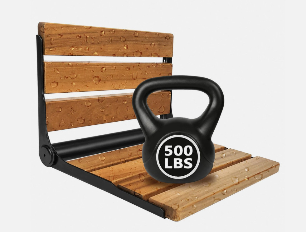 Folding Shower Seat Teak Wood Wall Mount – Black Stainless Steel – 18 inch
