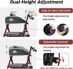 Aojin (Red) Lightweight Foldable Rollator Walkers with Seat for Seniors, 350 lbs