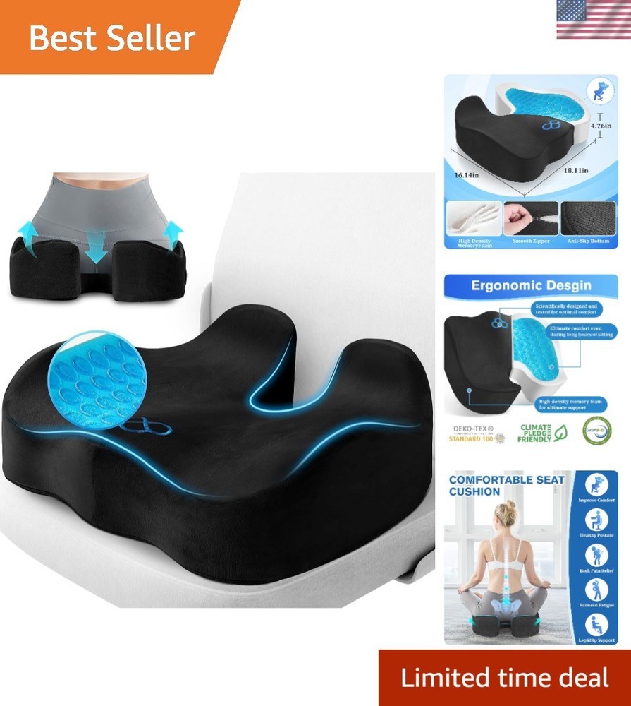 Tailbone Pain Relief Cushion with Removable Cover – Ergonomic Gel Comfort, Black