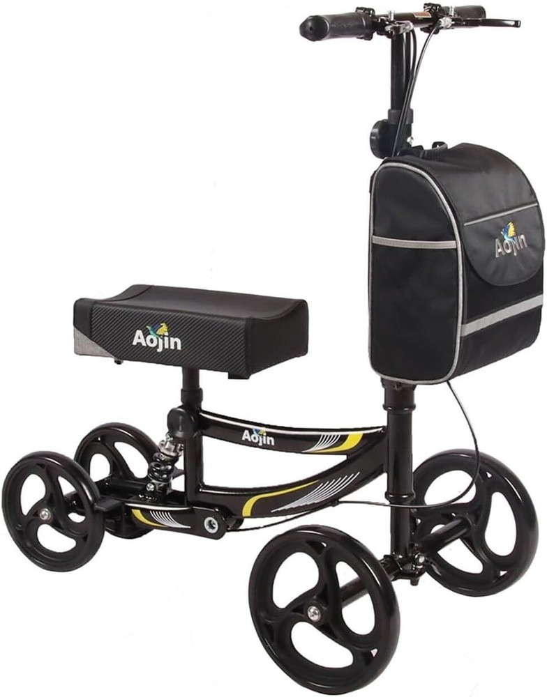 Aojin Knee Scooter Steerable Portable Walker 8″ Front Wheels Senior 300lb Black