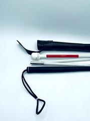Ambutech Blind Cane White & Red Aluminum 4-Section Folding w/ Rolling Tip & Case