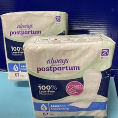 2 X Always Postpartum Discreet for Sensitive Skin Size 4 Moderate, 57 Ct ea