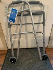Walker Folding NEW 2-Button Adult Alum w/5″ Wheels 350 lb. Capacity w/Book