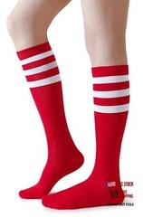 Cotton Knee High Socks Triple Stripes Over the Calf Retro 9-13 A01-red/White