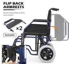 Monicare Transport Folding Wheelchair Flip Back Arm Swing Away Footrest 300lbs.